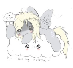 Size: 1209x1119 | Tagged: safe, artist:x3tamago, derpy hooves, pegasus, pony, g4, cloud, female, food, lying down, mare, muffin, on a cloud, prone, simple background, solo, white background