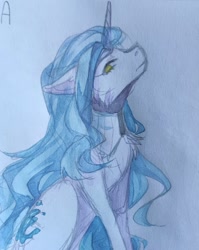 Size: 851x1068 | Tagged: safe, artist:illustra, oc, oc only, oc:aqua, pony, unicorn, chest fluff, ear fluff, female, female oc, floppy ears, horn, looking at you, mare, mare oc, marker drawing, side view, simple background, sketch, solo, traditional art, unicorn oc