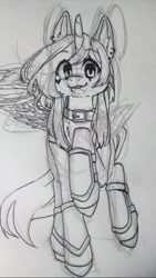 Size: 607x1080 | Tagged: oc name needed, safe, artist:illustra, oc, oc only, alicorn, pony, alicorn oc, black and white, choker, clothes, ear piercing, earring, eyebrows, eyebrows visible through hair, female, female oc, front view, grayscale, horn, jewelry, looking at you, mare, mare oc, monochrome, one wing out, piercing, raised hoof, simple background, sketch, solo, traditional art, wings