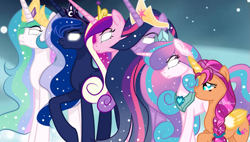 Size: 1017x576 | Tagged: safe, artist:phxnx07, princess cadance, princess celestia, princess flurry heart, princess luna, sunny starscout, twilight sparkle, alicorn, pony, g5, alicorn pentarchy, crown, female, glowing, glowing eyes, jewelry, mare, meme, necklace, older, older flurry heart, older twilight, older twilight sparkle (alicorn), outdoors, peytral, princess twilight 2.0, race swap, regalia, sunny and her heroine, sunnycorn, that magic was not yours to give, twilight sparkle (alicorn)