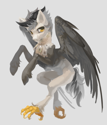 Size: 2264x2648 | Tagged: safe, artist:yanisfucker, oc, oc only, original species, claws, coat markings, fangs, feathered fetlocks, flying, solo, talons, unshorn fetlocks