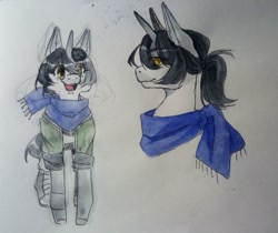 Size: 1080x907 | Tagged: oc name needed, safe, artist:illustra, oc, oc only, pony, unicorn, black mane, blue scarf, boots, cheek fluff, clothes, eye clipping through hair, front view, horn, looking at you, looking away, marker drawing, open mouth, open smile, profile, scarf, shoes, sketch, smiling, solo, traditional art, unicorn oc, white coat, yellow eyes