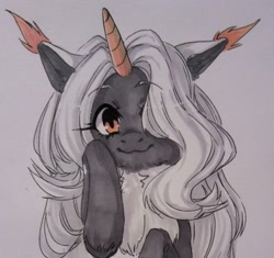 Size: 1149x1080 | Tagged: oc name needed, safe, artist:illustra, oc, oc only, pony, unicorn, bust, chest fluff, ear tufts, eyebrows, eyebrows visible through hair, female, female oc, floppy ears, hair over one eye, horn, looking at you, mare oc, marker drawing, raised hoof, simple background, smiling, solo, traditional art, two toned ears, unicorn oc, unshorn fetlocks