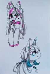 Size: 731x1080 | Tagged: oc name needed, safe, artist:illustra, oc, oc only, pony, bust, chest fluff, choker, colored ears, colored hooves, duo, duo female, ear fluff, ear piercing, eye clipping through hair, eyebrows, eyebrows visible through hair, female, female oc, floppy ears, glowing, glowing horn, heart, hooves, horn, jewelry, looking at you, looking away, mare, mare oc, marker drawing, necklace, open mouth, open smile, piercing, profile, simple background, sketch, smiling, traditional art, two toned mane, unshorn fetlocks