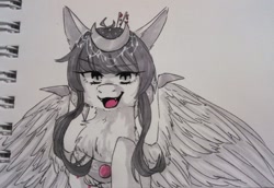 Size: 1280x881 | Tagged: oc name needed, safe, artist:illustra, oc, oc only, pegasus, pony, bust, chest fluff, clothes, diadem, eyebrows, eyebrows visible through hair, fangs, female, female oc, jewelry, looking at you, mare, mare oc, marker drawing, notebook, open mouth, open smile, pegasus oc, peytral, raised hoof, regalia, simple background, smiling, solo, spread wings, traditional art, wings