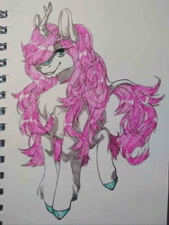 Size: 811x1080 | Tagged: oc name needed, safe, artist:illustra, oc, oc only, kirin, chest fluff, colored hooves, ear fluff, eye clipping through hair, female, female oc, hooves, horn, kirin oc, mare, mare oc, marker drawing, notebook, pink mane, simple background, solo, traditional art, unshorn fetlocks, white background