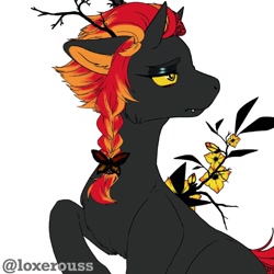 Size: 800x800 | Tagged: oc name needed, safe, artist:illustra, oc, oc only, bicorn, butterfly, original species, pony, black coat, braid, braided ponytail, colored sclera, fangs, female, female oc, floppy ears, horn, leaf, looking away, mare, mare oc, multiple horns, ponytail, profile, raised hoof, simple background, solo, white background, yellow sclera