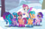 Size: 1105x723 | Tagged: safe, artist:galpaint, hitch trailblazer, izzy moonbow, misty brightdawn, pipp petals, sunny starscout, zipp storm, earth pony, pegasus, pony, unicorn, g4, g5, deviantart watermark, g5 to g4, generation leap, horn, mane five, mane six (g5), obtrusive watermark, outdoors, rarity pose, snow, tree, unshorn fetlocks, watermark, winter