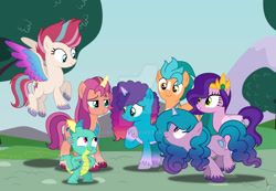 Size: 1075x744 | Tagged: safe, artist:galpaint, hitch trailblazer, izzy moonbow, misty brightdawn, pipp petals, sparky sparkeroni, sunny starscout, zipp storm, alicorn, dragon, earth pony, pegasus, pony, unicorn, g4, g5, deviantart watermark, female, g5 to g4, generation leap, horn, male, mane five, mane seven (g5), mane six (g5), mare, obtrusive watermark, outdoors, rebirth misty, solo, stallion, tree, unshorn fetlocks, watermark