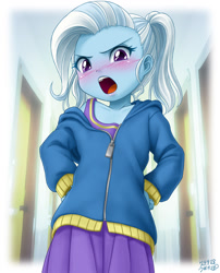 Size: 969x1200 | Tagged: safe, artist:uotapo, trixie, human, equestria girls, g4, age regression, alternate hairstyle, angry, anime style, annoying, bare shoulders, blushing, child, clothes, female, hand on hip, hoodie, indoors, jacket, looking at you, open mouth, oversized clothes, ponytail, shirt, skirt, solo, solo female, white hair, yelling, younger