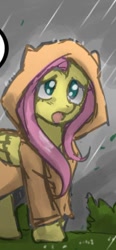 Size: 270x580 | Tagged: safe, artist:johnjoseco, edit, fluttershy, pegasus, pony, g4, clothes, cropped, cute, hurricane, hurricane sandy, outdoors, poncho, rain, raincoat, shyabetes, solo