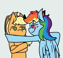 Size: 1325x1223 | Tagged: safe, artist:criaturatrix, applejack, rainbow dash, earth pony, pegasus, pony, g4, applejack is not amused, blushing, cropped, crossed arms, duo, female, flirting, hey you, kabedon, lesbian, ship:appledash, shipping, simple background, smiling, smirk, unamused, white background