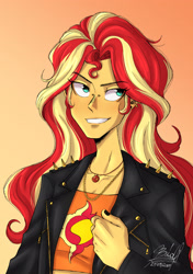 Size: 2039x2894 | Tagged: safe, artist:bidzinha, sunset shimmer, equestria girls, g4, clothes, ear piercing, geode of empathy, grin, jacket, jewelry, leather, leather jacket, looking sideways, magical geodes, nail polish, necklace, piercing, short shirt, smiling, solo