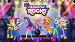 Size: 1280x720 | Tagged: safe, artist:heroman655, applejack, fluttershy, pinkie pie, rainbow dash, rarity, sunset shimmer, twilight sparkle, human, rainbow rocks 10th anniversary, equestria girls, g4, my little pony equestria girls: rainbow rocks, band, bass guitar, drum kit, drums, electric guitar, female, guitar, humane five, humane seven, humane six, keytar, microphone, musical instrument, rainbow rocks outfit, tambourine, the rainbooms