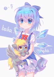 Size: 1668x2388 | Tagged: safe, artist:羽猫🐾, derpy hooves, fairy, human, pegasus, pony, g4, :3, :d, anime style, baka, bloomers, blue bow, blue dress, blushing, bow, bowtie, cirno, clothes, collared shirt, cowboy shot, crossover, dress, duo, duo female, fairy wings, female, hair bow, holding a pony, human female, ice wings, looking at you, mare, necktie, open mouth, open smile, puffy sleeves, red bow, shirt, short hair, simple background, smiling, spread wings, t-shirt, text, thighs, touhou, white background, white shirt, wings, ⑨