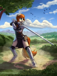 Size: 3000x4000 | Tagged: safe, artist:helmie-art, oc, oc only, oc:dusty heartwood, anthro, unguligrade anthro, armor, braid, female, outdoors, scenery, smiling, solo, sword, tree, unconvincing armor, weapon