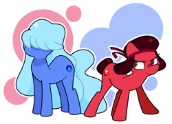 Size: 3140x2261 | Tagged: safe, artist:kindakismet, earth pony, pony, abstract background, canon ship, duo, duo female, female, gem, hair over eyes, headband, lesbian, mare, married couple, non-mlp shipping, ponified, ruby, ruby (steven universe), rupphire, sapphire, sapphire (steven universe), shipping, steven universe, wife, wives