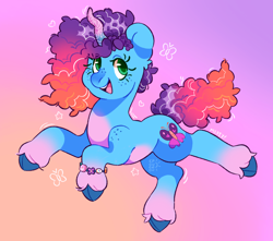 Size: 2048x1809 | Tagged: safe, artist:cocopudu, misty brightdawn, pony, unicorn, g5, blue coat, blue hooves, bracelet, cloven hooves, colored hooves, colored horn, colored pupils, curly mane, curly tail, emanata, eye clipping through hair, eyebrows, eyebrows visible through hair, female, floating heart, freckles, gradient background, gradient horn, gradient legs, gradient mane, gradient tail, green eyes, green pupils, heart, hooves, horn, jewelry, looking back, mare, motion lines, multicolored mane, multicolored tail, open mouth, open smile, rebirth misty, shoulder freckles, signature, smiling, solo, stars, tail, three quarter view, unicorn horn, unshorn fetlocks