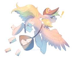 Size: 4096x3384 | Tagged: safe, artist:tyutya, derpy hooves, pegasus, pony, g4, bag, bubble butt, butt, cap, dock, ear fluff, exclamation point, female, floppy ears, frog (hoof), hat, looking back, mail, mailbag, mare, plot, simple background, solo, strategically covered, tail, underhoof, white background