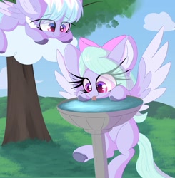 Size: 1759x1793 | Tagged: safe, artist:windykirin, cloudchaser, flitter, pegasus, pony, g4, behaving like a bird, bird bath, bow, cloud, cute, cutechaser, duo, duo female, eye clipping through hair, eyelashes, female, flitterbetes, fountain, grass, hair bow, necktie, outdoors, spread wings, tongue out, tree, water, weapons-grade cute, wings