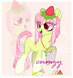 Size: 1006x1080 | Tagged: oc name needed, safe, oc, oc only, earth pony, pony, g4, adoptable, adoptable open, auction, auction open, cute, female, food, for sale, green skin, happy, light skin, pink hair, red eyes, smiling, solo, strawberry, tail