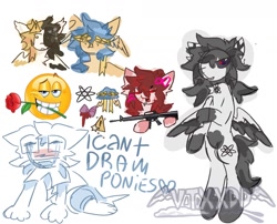 Size: 1280x1034 | Tagged: safe, artist:vtxxdd, oc, oc only, oc:atom, oc:bloody ribbon, oc:cloudy bookmark, oc:frenzy warning, earth pony, pegasus, assault rifle, bipedal, choker, cigarette, colored wings, crying, dot eyes, furry, furry oc, gun, head wings, question mark, rifle, simple background, weapon, white background, wings