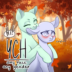 Size: 2000x2000 | Tagged: safe, artist:erein, pony, advertisement, any gender, any race, auction, auction open, autumn, biting, blushing, commission, duo, ear bite, ears up, high res, leaves, outdoors, park, smiling, speech bubble, text, tree, your character here