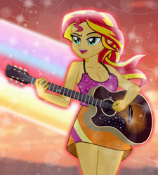 Size: 6780x7536 | Tagged: safe, artist:emeraldblast63, sunset shimmer, human, rainbow rocks 10th anniversary, equestria girls, g4, my little pony equestria girls: rainbow rocks, breasts, cleavage, clothes, female, guitar, musical instrument, open mouth, singing