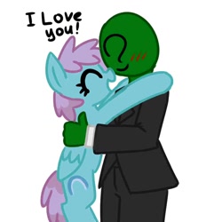 Size: 1024x1024 | Tagged: safe, artist:anonymous, snow shower, oc, oc only, oc:anon, human, pony, g4, blushing, duo, duo male and female, eyes closed, female, female oc, holding a pony, hug, human oc, i love you, male, mare, mare oc, pony oc, simple background, smiling, talking, white background