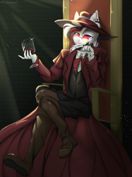 Size: 2176x2902 | Tagged: safe, artist:shinech9, oc, oc only, oc:star nova, hybrid, zebra, zony, anthro, alcohol, alucard, closed mouth, clothes, coat, cosplay, costume, glass, glasses, hat, looking at you, male, pink eyes, sitting, solo, solo male, stallion, striped mane, wine, wine glass, zebra oc