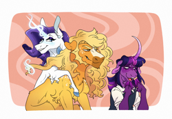 Size: 2360x1640 | Tagged: safe, artist:angstyram, applejack, rarity, twilight sparkle, earth pony, pony, unicorn, semi-anthro, g4, abstract background, annoyed, blaze (coat marking), blue blush, blush lines, blushing, chest fluff, chin fluff, clothes, cloven hooves, coat markings, colored eyelashes, colored hooves, colored pinnae, curved horn, ear piercing, earring, eyeshadow, facial markings, female, fetlock tuft, floppy ears, freckles, glowing, glowing horn, gradient horn, grimace, grin, hooves, horn, jewelry, lesbian, lidded eyes, lip bite, long hair, loose hair, magic, magic aura, makeup, mare, open mouth, open smile, piercing, polyamory, purple eyelashes, ship:rarijack, ship:rarilight, ship:raritwijack, ship:twijack, shipping, shirt, shoulder freckles, sideburns, sitting, smiling, star (coat marking), teasing, telekinesis, trio, trio female