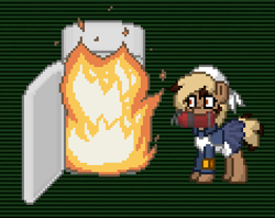 Size: 354x280 | Tagged: safe, oc, oc:muffin time, earth pony, pony, ashes town, clothes, earth, female, fire, fire extinguisher, mare, mouth hold, refrigerator, solo