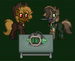 Size: 323x264 | Tagged: safe, oc, oc:copper caps, oc:nitro express, earth pony, pony, unicorn, ashes town, clothes, duo, duo male and female, female, hat, horn, male, mare, mouth hold, screwdriver, spritebot, stallion, table