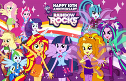 Size: 5100x3300 | Tagged: safe, artist:julie-z, adagio dazzle, applejack, aria blaze, fluttershy, pinkie pie, rainbow dash, rarity, sonata dusk, sunset shimmer, twilight sparkle, human, rainbow rocks 10th anniversary, equestria girls, g4, my little pony equestria girls: rainbow rocks, female, humane five, humane seven, humane six, ponied up, pony ears, the dazzlings, the rainbooms