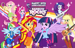 Size: 5100x3300 | Tagged: safe, artist:julie-z, applejack, fluttershy, pinkie pie, rainbow dash, rarity, sunset shimmer, twilight sparkle, rainbow rocks 10th anniversary, equestria girls, g4, my little pony equestria girls: rainbow rocks, female, guitar, humane five, humane seven, humane six, keytar, musical instrument, ponied up, pony ears, tambourine, the rainbooms