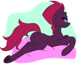 Size: 2800x2300 | Tagged: safe, alternate version, artist:anix_space, tempest shadow, pony, unicorn, g4, bed, bedroom eyes, blushing, broken horn, butt, dock, female, horn, looking at you, looking back, looking back at you, lying down, lying on bed, mare, on bed, plot, png, prone, simple background, stupid sexy tempest shadow, tail, tempass, underhoof