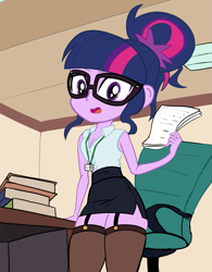 Size: 979x1255 | Tagged: safe, artist:calmbreezes, sci-twi, twilight sparkle, human, equestria girls, g4, breasts, cleavage, clothes, fanning, fanning self, female, garter belt, garters, glasses, indoors, lanyard, looking at you, microskirt, miniskirt, office, office lady, skirt, socks, solo, thigh highs, thigh socks, zettai ryouiki