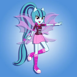 Size: 2000x2000 | Tagged: safe, artist:julie-z, sonata dusk, human, rainbow rocks 10th anniversary, equestria girls, g4, my little pony equestria girls: rainbow rocks, female, fin wings, fins, gradient background, open mouth, open smile, ponied up, pony ears, smiling, solo, the dazzlings, wings