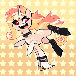 Size: 2048x2048 | Tagged: safe, artist:3ggmilky, oc, oc only, oc:sunrise locket, demon, demon pony, monster pony, original species, pony, spiderpony, unicorn, ambiguous gender, black sclera, blank flank, boots, bracelet, chest marking, choker, coat markings, colored hooves, colored horn, colored pupils, colored sclera, cream coat, crossover fusion, curved horn, facing you, fangs, fusion, fusion:angel dust, fusion:sunset shimmer, gold tooth, gradient background, gradient legs, gradient mane, gradient tail, hazbin hotel, heart, heart choker, heart mark, hellaverse, heterochromia, high heel boots, high res, hooves, horn, jewelry, leg markings, long mane, long tail, looking away, magenta pupils, mismatched eyes, multiple legs, narrowed eyes, open mouth, open smile, orange hooves, outline, patterned background, pink eyes, pink pupils, running, shiny mane, shiny tail, shoes, signature, six legs, smiling, solo, spider legs, spiked choker, studded bracelet, tail, thick eyelashes, three toned mane, three toned tail, unicorn horn, unshorn fetlocks, wall of tags