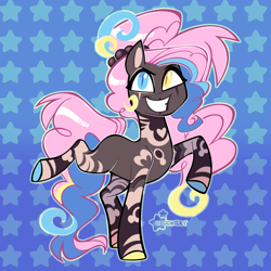 Size: 2048x2048 | Tagged: oc name needed, safe, artist:3ggmilky, oc, oc only, demon, demon pony, earth pony, pony, blank flank, brown coat, coat markings, colored hooves, colored pinnae, colored pupils, crossover fusion, curly mane, curly tail, eye markings, eyebrows, eyelashes, facial markings, facing you, female, female oc, fusion, fusion:pinkie pie, fusion:velvette, gradient background, hair tie, hazbin hotel, hellaverse, heterochromia, high res, hooves, leg markings, leg stripes, long mane, long tail, looking away, mare, mare oc, mismatched hooves, multicolored hooevs, multicolored mane, multicolored tail, outline, patterned background, raised eyebrow, raised hoof, raised leg, signature, smiling, solo, standing on two hooves, stripes, tail, thick eyelashes, tied mane