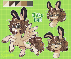 Size: 3000x2500 | Tagged: safe, artist:3ggmilky, oc, oc only, oc:hare dae, pegasus, pony, brown coat, brown eyes, brown pupils, brown wingtips, bunny ears, bust, coat markings, color palette, colored hooves, colored pinnae, colored pupils, colored wings, colored wingtips, commission, curly mane, curly tail, ear tufts, eyebrows, eyebrows visible through hair, facial markings, fake ears, female, flying, frown, glasses, green text, grid background, high res, hooves, long tail, looking at you, looking back, mare, multiple angles, narrowed eyes, one ear down, open frown, open mouth, outline, patterned background, raised eyebrow, raised hoof, reference sheet, shiny mane, shiny tail, short mane, signature, smiling, smiling at you, smirk, snip (coat marking), socks (coat markings), solo, spread wings, square glasses, striped mane, striped tail, sweat, sweatdrop, tail, three quarter view, three toned mane, three toned tail, two toned background, two toned wings, unshorn fetlocks, wall of tags, wings