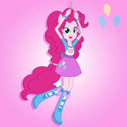 Size: 2000x2000 | Tagged: safe, artist:julie-z, pinkie pie, human, rainbow rocks 10th anniversary, equestria girls, g4, my little pony equestria girls: rainbow rocks, drumsticks, female, gradient background, ponied up, pony ears, solo