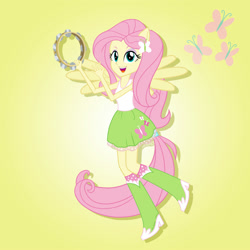 Size: 2000x2000 | Tagged: safe, artist:julie-z, fluttershy, human, rainbow rocks 10th anniversary, equestria girls, g4, my little pony equestria girls: rainbow rocks, boots, clothes, female, fluttershy's skirt, gradient background, musical instrument, polka dot socks, ponied up, pony ears, shoes, skirt, socks, solo, tambourine