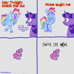 Size: 2048x2047 | Tagged: safe, artist:bishopony, pinkie pie, rainbow dash, twilight sparkle, alicorn, earth pony, pegasus, pony, g4, bangs, blue coat, blue eyeshadow, blue hooves, blush scribble, blushing, colored, comic, curly mane, curly tail, dialogue, eyebrows, eyebrows visible through hair, eyelashes, eyeshadow, faic, female, fire, flaming text, flat colors, flying, folded wings, font, frown, gray background, hoof on chin, horn, lidded eyes, looking at each other, looking at someone, looking away, makeup, mare, multicolored hair, multicolored mane, no catchlights, no pupils, open mouth, open smile, pink coat, pink eyes, pink hooves, pink mane, pink tail, pinkie being pinkie, profile, purple eyes, rainbow hair, rainbow tail, raised eyebrow, shiny hooves, signature, simple background, smiling, smirk, smug, smugdash, spread wings, standing, straight mane, tail, talking, three quarter view, three toned mane, twilight sparkle (alicorn), unicorn horn, unshorn fetlocks, wings