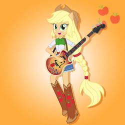 Size: 1280x1280 | Tagged: safe, artist:julie-z, applejack, human, rainbow rocks 10th anniversary, equestria girls, g4, my little pony equestria girls: rainbow rocks, applejack's hat, bass guitar, braid, cowboy hat, female, gradient background, hat, musical instrument, ponied up, pony ears, solo