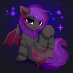 Size: 3317x3358 | Tagged: safe, artist:empress-twilight, oc, oc only, oc:marsie moonshadow, bat pony, pony, bat pony oc, bat wings, blushing, butt, cheek fluff, chest fluff, commission, dock, ear fluff, eye clipping through hair, eyebrows, eyebrows visible through hair, female, female oc, fluffy, hooves together, human shoulders, legs in air, looking at you, mare, mare oc, open mouth, open smile, plot, shoulder fluff, smiling, smiling at you, solo, sparkles, spread wings, tail, underhoof, wings, ych result