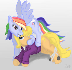 Size: 901x886 | Tagged: safe, artist:finlet90, ms. harshwhinny, rainbow dash, earth pony, pony, g4, bound legs, duo, duo female, female, gradient background