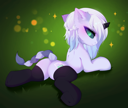 Size: 3707x3131 | Tagged: safe, alternate character, alternate version, artist:empress-twilight, oc, oc only, oc:grace, pony, braid, braided tail, butt, clothes, commission, dock, ear fluff, female, lying down, mare, plot, prone, rear view, socks, solo, sparkles, sploot, spread legs, spreading, tail, tail aside, thigh highs, ych result