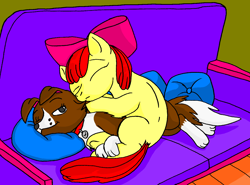 Size: 1504x1113 | Tagged: safe, artist:large-rarge, apple bloom, winona, dog, earth pony, pony, g4, adorabloom, blank flank, couch, cute, duo, female, filly, foal, indoors, lying down, one eye closed, sleeping