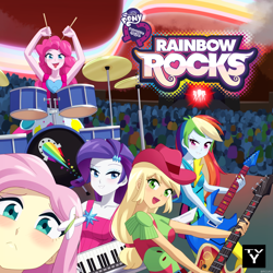 Size: 1200x1200 | Tagged: safe, artist:riouku, applejack, fluttershy, pinkie pie, rainbow dash, rarity, human, rainbow rocks 10th anniversary, equestria girls, g4, my little pony equestria girls: rainbow rocks, album cover, album parody, armpits, arms in the air, avenged sevenfold, blushing, clothes, commission, cowboy hat, crowd, cute, dashabetes, diapinkes, dress, drum kit, drums, drumsticks, female, freckles, grin, guitar, hands in the air, hat, jackabetes, keytar, musical instrument, open mouth, parody, raribetes, shirt, shyabetes, smiling